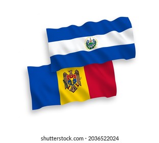 National vector fabric wave flags of Republic of El Salvador and Moldova isolated on white background. 1 to 2 proportion.
