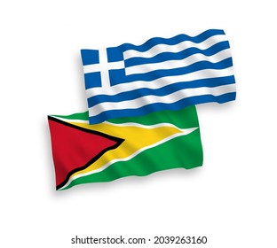 Banderas de olas de tela vectorial nacional de Grecia y de la República Cooperativa de Guyana aisladas de fondo blanco. de 1 a 2.