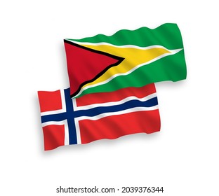 National vector fabric wave flags of Norway and Co-operative Republic of Guyana isolated on white background. 1 to 2 proportion.