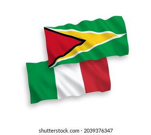 National vector fabric wave flags of Italy and Co-operative Republic of Guyana isolated on white background. 1 to 2 proportion.