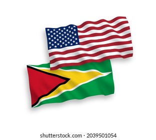Nationale Vektor-Wellen-Flaggen der Genossenschaftsrepublik Guyana und der USA einzeln auf weißem Hintergrund. 1 bis 2 %.