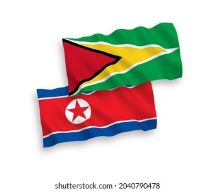 Banderas de olas de tela vectorial nacional de Corea del Norte y la República Cooperativa de Guyana aisladas en fondo blanco. de 1 a 2.