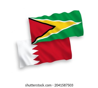 Banderas de ondulación de tela vectorial nacional de la República Cooperativa de Guyana y Bahrein aisladas sobre fondo blanco. de 1 a 2.