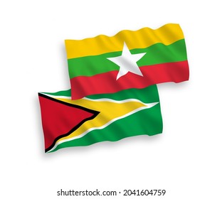 Banderas de olas de tela vectorial nacional de la República Cooperativa de Guyana y Myanmar aisladas en fondo blanco. de 1 a 2.