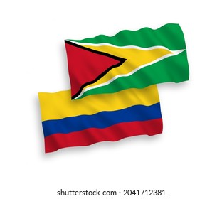 Banderas de olas de tela vectorial nacional de la República Cooperativa de Guyana y Colombia aisladas en fondo blanco. de 1 a 2.
