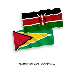 National vector fabric wave flags of Co-operative Republic of Guyana and Kenya isolated on white background. 1 to 2 proportion.