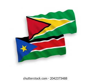 Banderas de olas de tela vectorial nacional de la República Cooperativa de Guyana y la República de Sudán del Sur aisladas en fondo blanco. de 1 a 2.