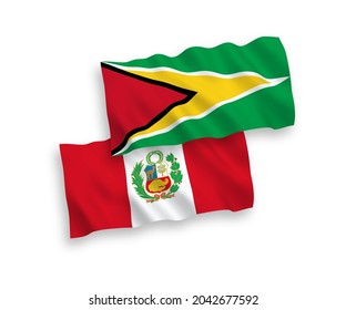 Banderas de olas de tela vectorial nacional de la República Cooperativa de Guyana y el Perú aisladas en fondo blanco. de 1 a 2.