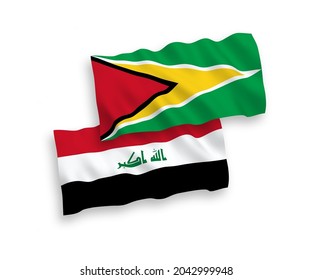 National vector fabric wave flags of Co-operative Republic of Guyana and Iraq isolated on white background. 1 to 2 proportion.
