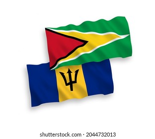 National vector fabric wave flags of Co-operative Republic of Guyana and Barbados isolated on white background. 1 to 2 proportion.