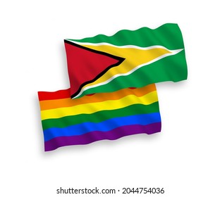 National vector fabric wave flags of Co-operative Republic of Guyana and Rainbow gay pride isolated on white background. 1 to 2 proportion.