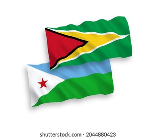 Nationale Vektor-Wellen-Flaggen der Kooperativen Republik Guyana und der Republik Dschibuti einzeln auf weißem Hintergrund. 1 bis 2 %.