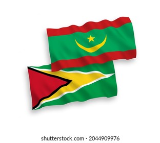 National vector fabric wave flags of Co-operative Republic of Guyana and Islamic Republic of Mauritania isolated on white background. 1 to 2 proportion.