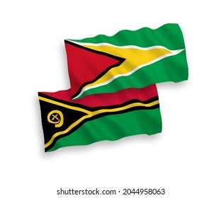 National vector fabric wave flags of Co-operative Republic of Guyana and Republic of Vanuatu isolated on white background. 1 to 2 proportion.