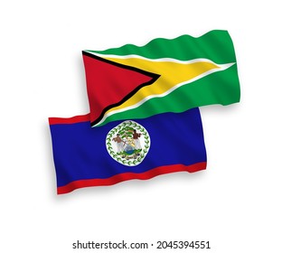 National vector fabric wave flags of Co-operative Republic of Guyana and Belize isolated on white background. 1 to 2 proportion.