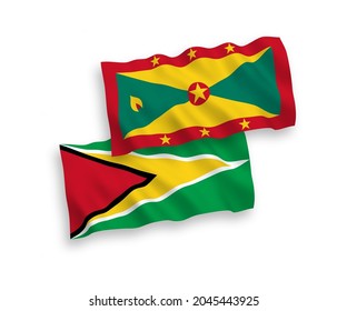 Banderas de olas de tela vectorial nacional de la República Cooperativa de Guyana y Granada aisladas en fondo blanco. de 1 a 2.