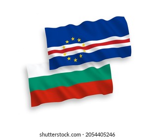 National vector fabric wave flags of Bulgaria and Republic of Cabo Verde isolated on white background. 1 to 2 proportion.