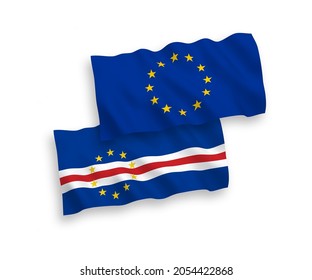 National vector fabric wave flags of European Union and Republic of Cabo Verde isolated on white background. 1 to 2 proportion.
