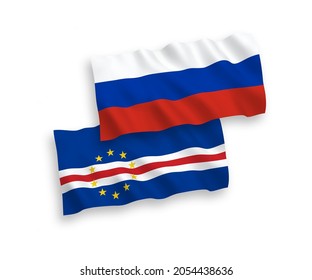 National vector fabric wave flags of Republic of Cabo Verde and Russia isolated on white background. 1 to 2 proportion.