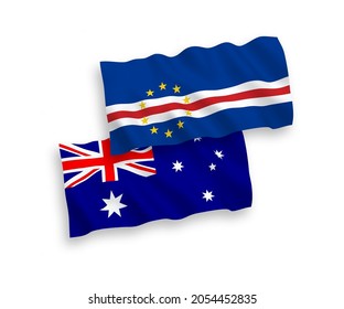 National vector fabric wave flags of Australia and Republic of Cabo Verde isolated on white background. 1 to 2 proportion.