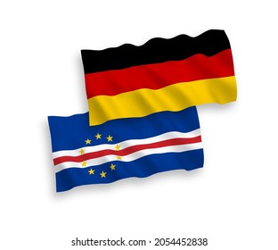 National vector fabric wave flags of Germany and Republic of Cabo Verde isolated on white background. 1 to 2 proportion.