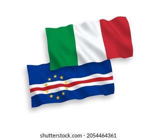 National vector fabric wave flags of Italy and Republic of Cabo Verde isolated on white background. 1 to 2 proportion.