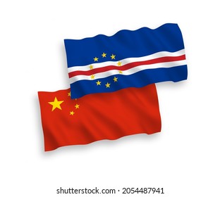 National vector fabric wave flags of Republic of Cabo Verde and China isolated on white background 1 to 2 proportion.