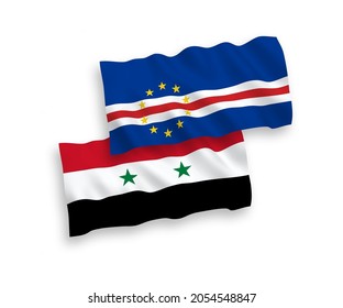 National vector fabric wave flags of Republic of Cabo Verde and Syria isolated on white background. 1 to 2 proportion.