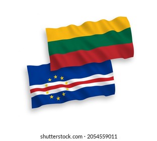 National vector fabric wave flags of Lithuania and Republic of Cabo Verde isolated on white background. 1 to 2 proportion.