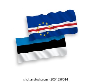 National vector fabric wave flags of Estonia and Republic of Cabo Verde isolated on white background. 1 to 2 proportion.