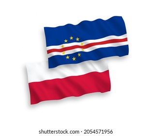 National vector fabric wave flags of Republic of Cabo Verde and Poland isolated on white background. 1 to 2 proportion.