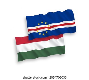 National vector fabric wave flags of Republic of Cabo Verde and Hungary isolated on white background. 1 to 2 proportion.