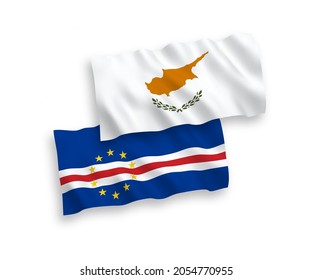 National vector fabric wave flags of Cyprus and Republic of Cabo Verde isolated on white background. 1 to 2 proportion.