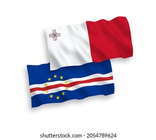 National vector fabric wave flags of Malta and Republic of Cabo Verde isolated on white background. 1 to 2 proportion.