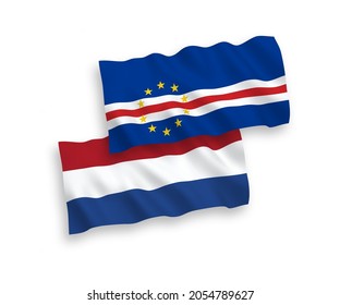 National vector fabric wave flags of Republic of Cabo Verde and Netherlands isolated on white background. 1 to 2 proportion.