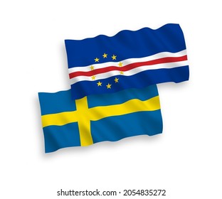 National vector fabric wave flags of Sweden and Republic of Cabo Verde isolated on white background. 1 to 2 proportion.