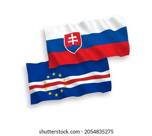 National vector fabric wave flags of Slovakia and Republic of Cabo Verde isolated on white background. 1 to 2 proportion.