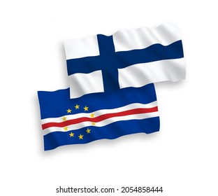 National vector fabric wave flags of Finland and Republic of Cabo Verde isolated on white background. 1 to 2 proportion.