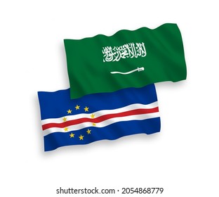 National vector fabric wave flags of Saudi Arabia and Republic of Cabo Verde isolated on white background. 1 to 2 proportion.