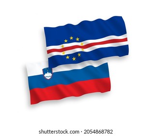 National vector fabric wave flags of Slovenia and Republic of Cabo Verde isolated on white background. 1 to 2 proportion.