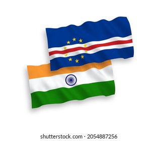 National vector fabric wave flags of India and Republic of Cabo Verde isolated on white background. 1 to 2 proportion.