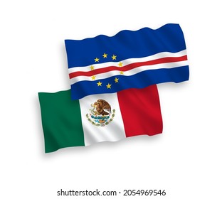 National vector fabric wave flags of Mexico and Republic of Cabo Verde isolated on white background. 1 to 2 proportion.