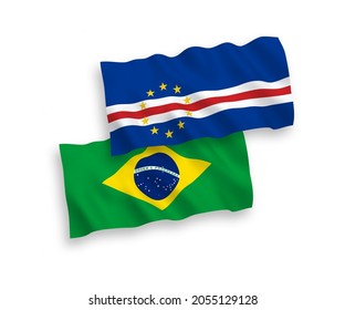 National vector fabric wave flags of Brazil and Republic of Cabo Verde isolated on white background. 1 to 2 proportion.