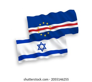 National vector fabric wave flags of Republic of Cabo Verde and Israel isolated on white background. 1 to 2 proportion.