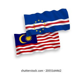 National vector fabric wave flags of Republic of Cabo Verde and Malaysia isolated on white background. 1 to 2 proportion.