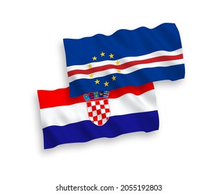 National vector fabric wave flags of Republic of Cabo Verde and Croatia isolated on white background. 1 to 2 proportion.