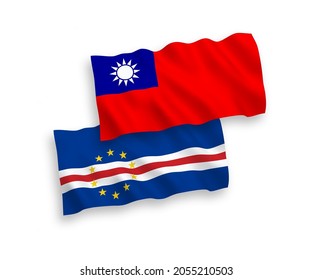 National vector fabric wave flags of Republic of Cabo Verde and Taiwan isolated on white background. 1 to 2 proportion.