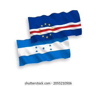 National vector fabric wave flags of Republic of Cabo Verde and Honduras isolated on white background. 1 to 2 proportion.