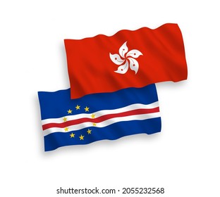 National vector fabric wave flags of Republic of Cabo Verde and Hong Kong isolated on white background. 1 to 2 proportion.