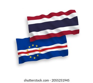 National vector fabric wave flags of Republic of Cabo Verde and Thailand isolated on white background. 1 to 2 proportion.